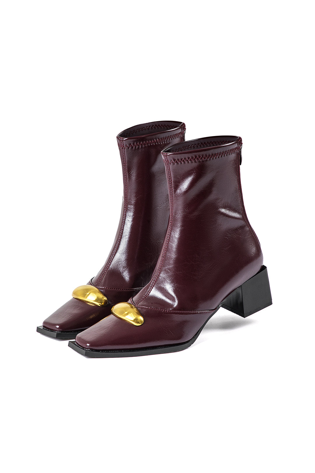 Faux Leather Metallic Zipper Square Toe Ankle Boots