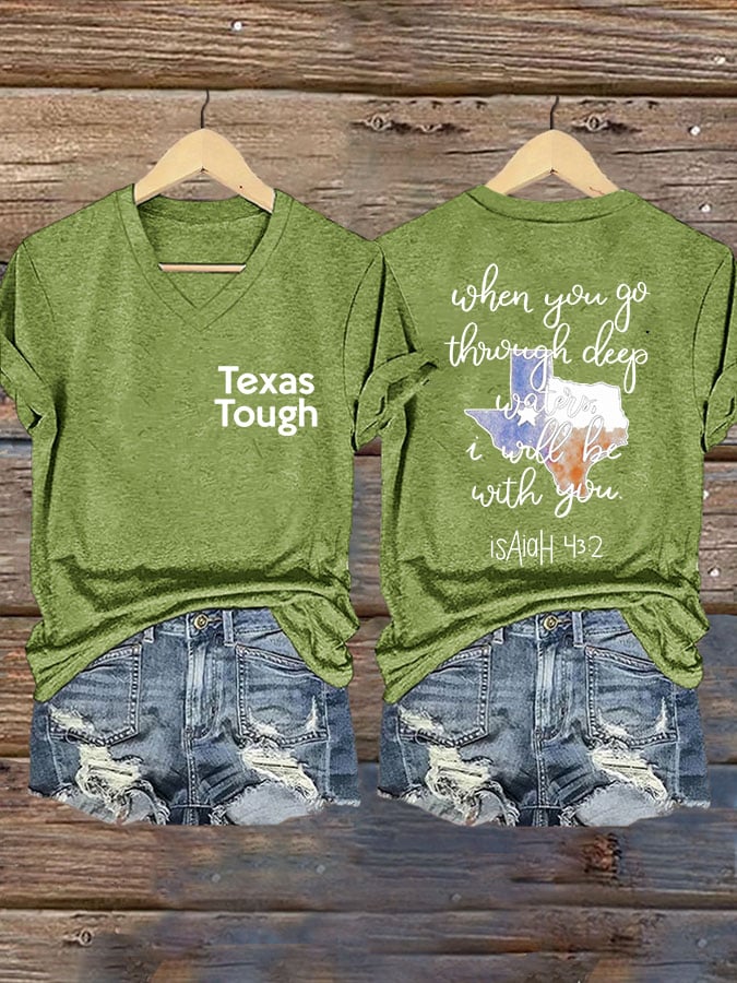 ππJoin us in praying for Texas.πV-Neck Retro Texas Tough When You Go Through Deep Waters, I Will Be With You. Isaiah 43:2 Print T-Shirt