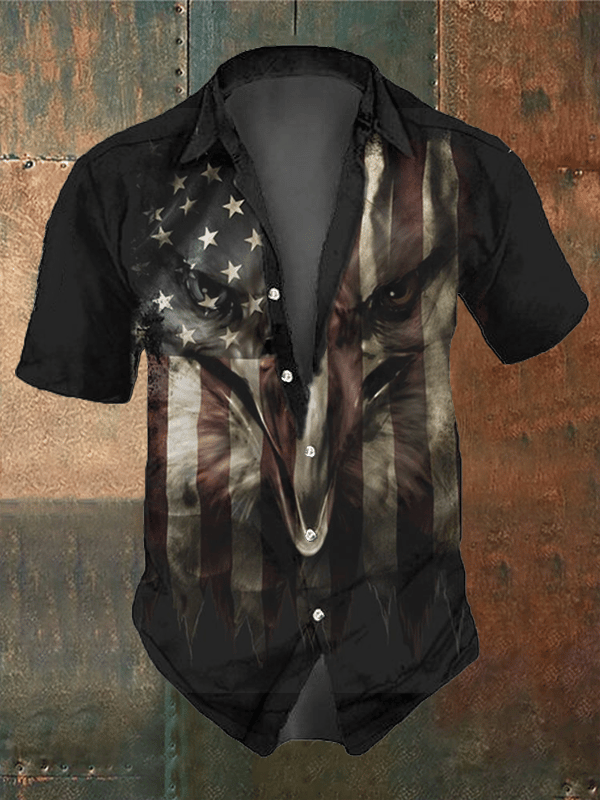 Mens Vintage Independence Day American Flag Short Sleeve Shirt