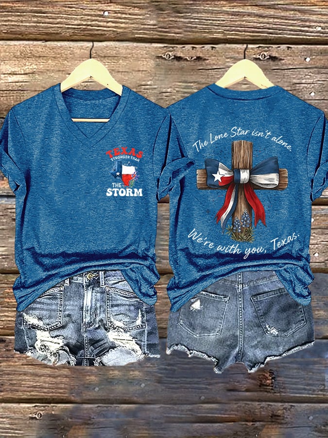 ππJoin us in praying for Texas.πV-Neck Retro Texas Stronger Than The Storm The Lone Star Isn't Alone. We'Re With You, Texas Print T-Shirt