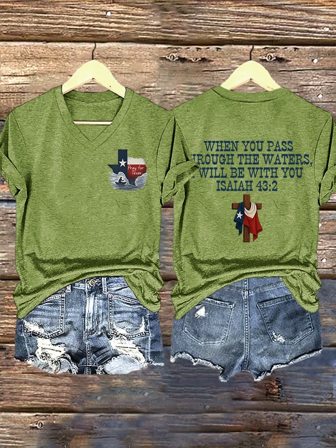 ππJoin us in praying for Texas.πV-Neck Retro Prayers For Texas Texas Strong When You Pass Through The Waters, I Will Be With You. Isaiah 43:2 Faith Cross Print T-Shirt