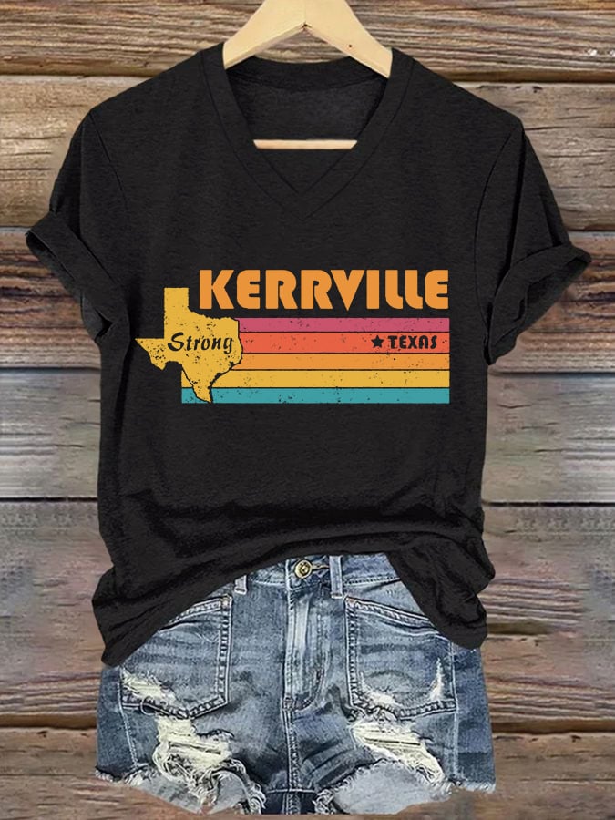ππJoin us in praying for Texas.πV-Neck Retro Texas Strong Kerrville Strong Texas Print T-Shirt