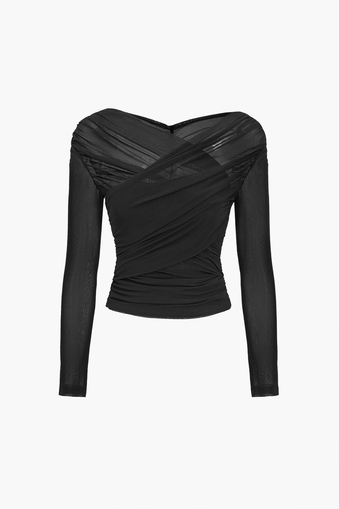 Solid Sheer Mesh Ruched Long-Sleeve Top