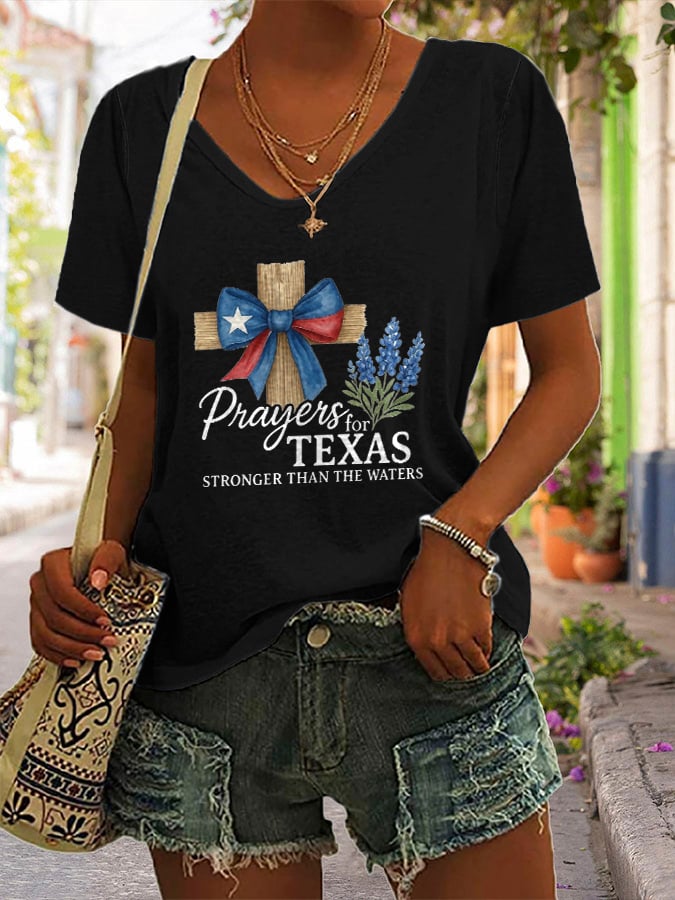 ππJoin us in praying for Texas.πV-Neck Retro Texas Strong Prayers For Texas Stronger Than The Waters Faith Cross Print T-Shirt