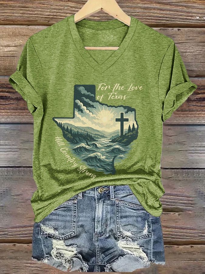 ππJoin us in praying for Texas.πV-Neck Retro For The Love Of Texas Hill Country Strong Print T-Shirt