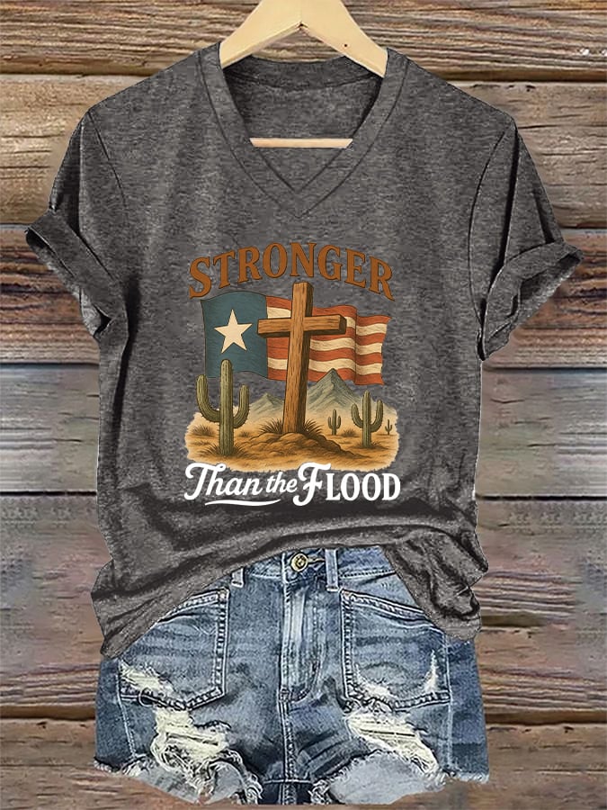 ππJoin us in praying for Texas.πV-Neck Retro Texas Strong Stronger Than The Flood Faith Cross Print T-Shirt