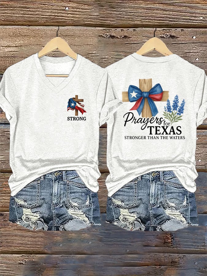 ππJoin us in praying for Texas.πV-Neck Retro Texas Strong Prayers For Texas Stronger Than The Waters Faith Cross Print T-Shirt