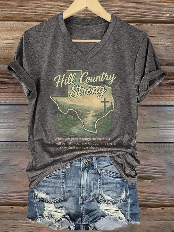 ππJoin us in praying for Texas.πV-Neck Retro Hill Country Strong When You Pass Through The Waters, I Will Be With You; And Through The Rivers, They Shall Not Overwhelm You.β Isaiah 43:2 Print T-Shirt