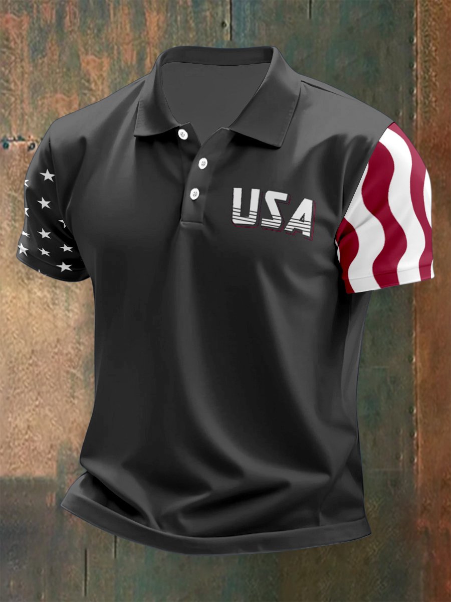 Men's Outdoor Independence Day American Flag Button Short Sleeve Polo Shirt