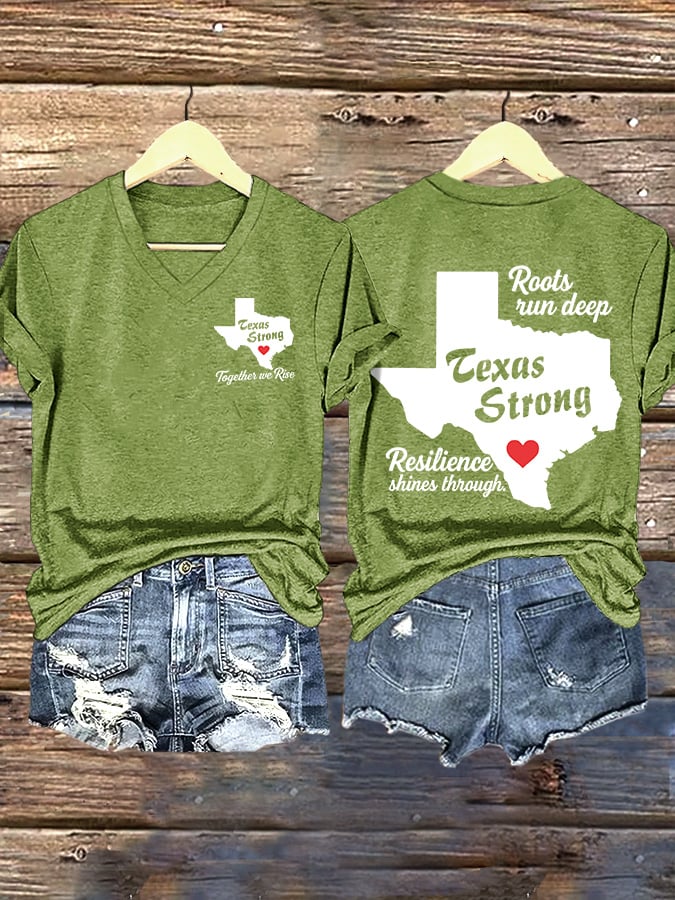 ππJoin us in praying for Texas.πV-Neck Retro Texas Strong Together We Rise Roots Run Deep Texas Strong Resilience Shines Through Print T-Shirt