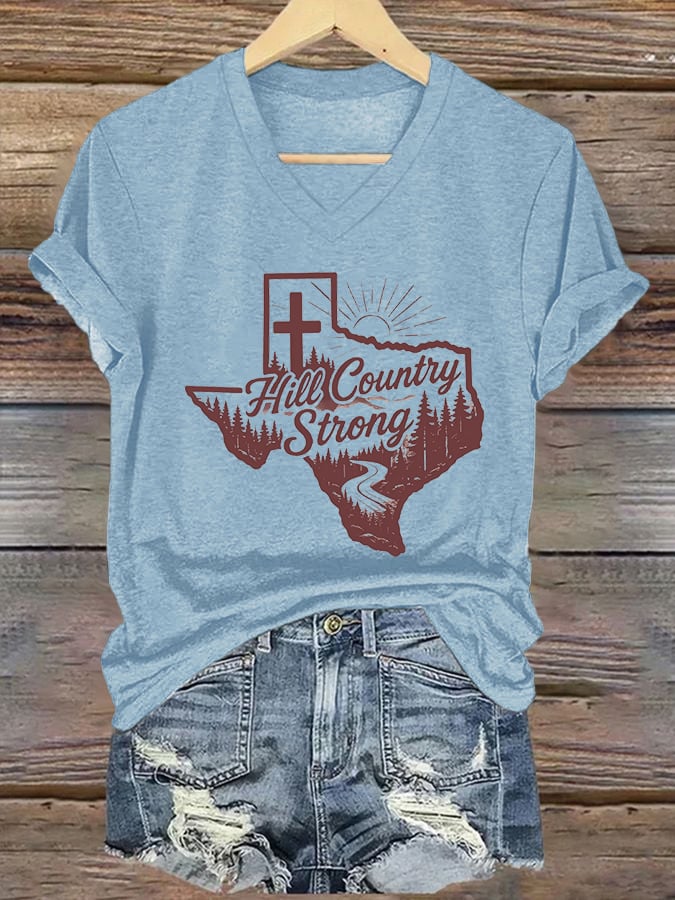 🙏💔Join us in praying for Texas.🙏Women's Texas Hill Country Strong Print V-Neck T-Shirt