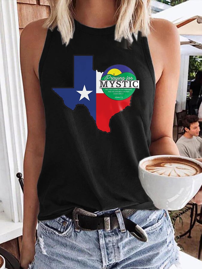 🙏💔Join us in praying for Texas.🙏Retro Texas Strong Praying For Mystic The Light Shines In The Darkness, And The Darkness Has Not Overcome It. John 1:5 Print Tops Tank