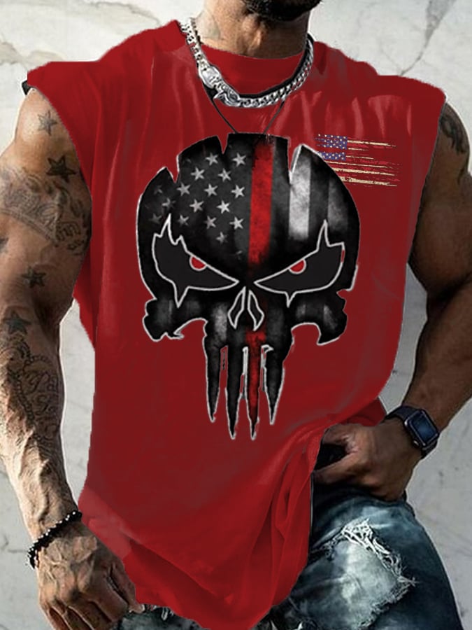 Men's American Flag Independence Day Skull Print Casual Tank Top