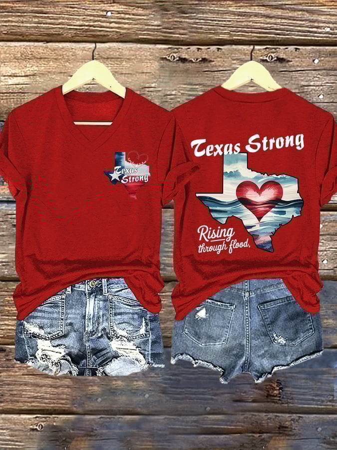 ππJoin us in praying for Texas.πV-Neck Retro Texas Strong Rising Through The Flood Love Heart Print T-Shirt