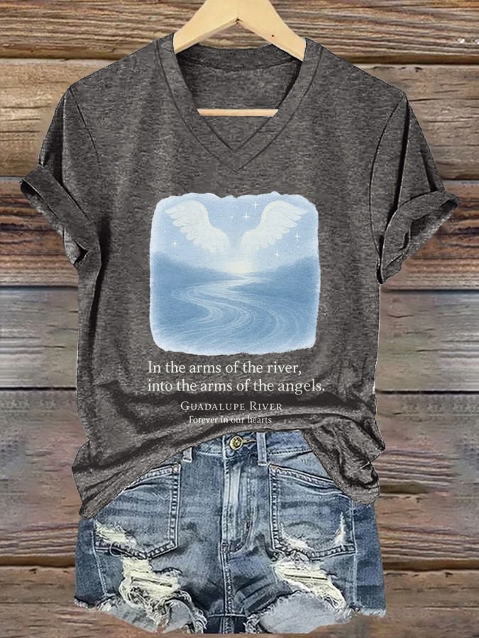 ππJoin us in praying for Texas.πV-Neck Retro Texas Strong In The Arms Of The River, Into The Arms Of The Angels. Guadalupe River Forever In Our Hearts Print T-Shirt