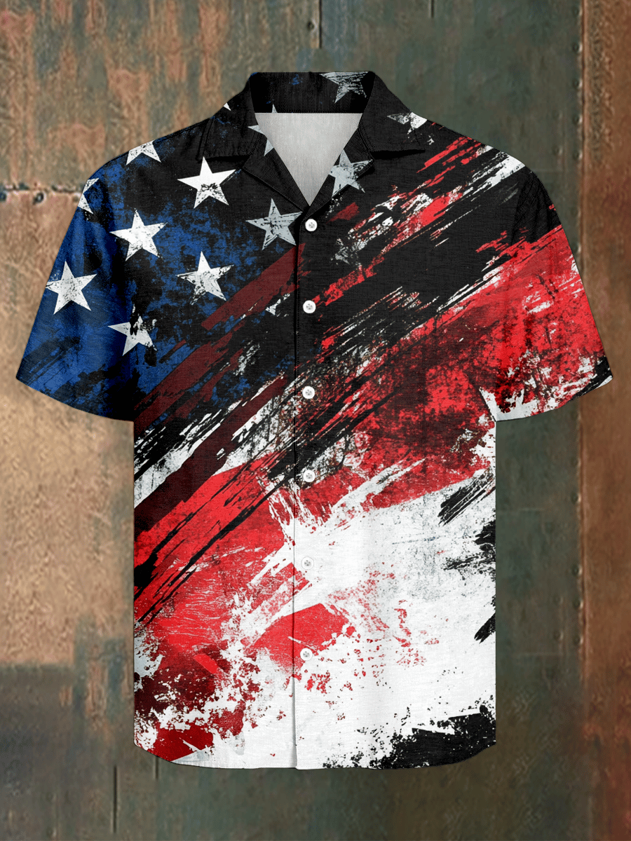 Men's Cuban Collar Independence Day American Flag Button Short Sleeve Shirt