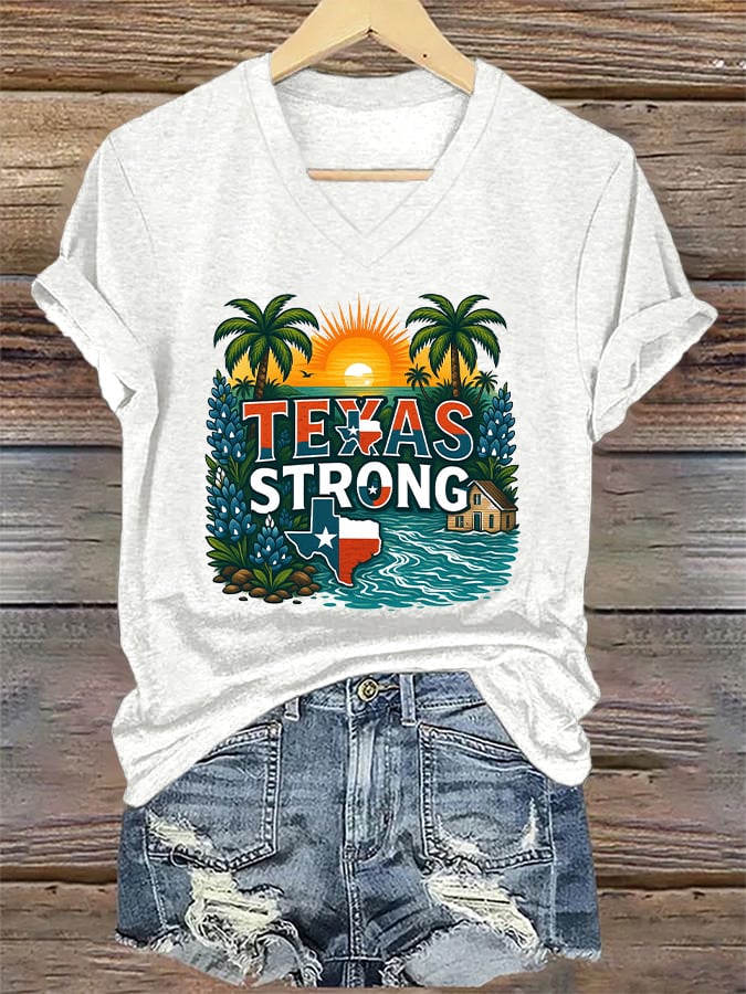 ππJoin us in praying for Texas.πV-Neck Retro Texas Strong Palm Trees Print T-Shirt