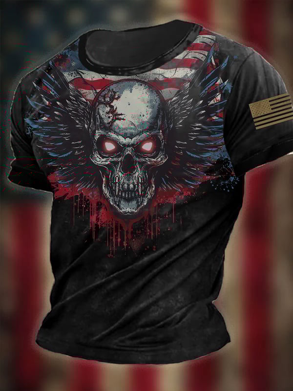 Men's Vintage Independence Day Skull Print Short Sleeve T-Shirt