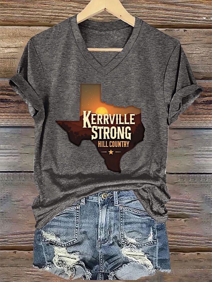 ππJoin us in praying for Texas.πV-Neck Retro Kerrville Strong Hill Country StrongPrint T-Shirt