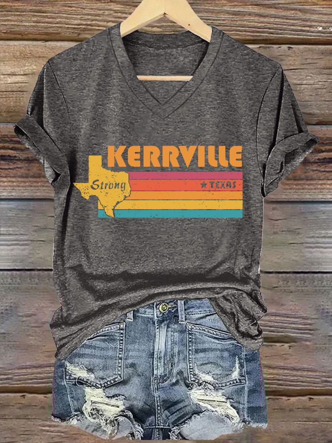 ππJoin us in praying for Texas.πV-Neck Retro Texas Strong Kerrville Strong Texas Print T-Shirt