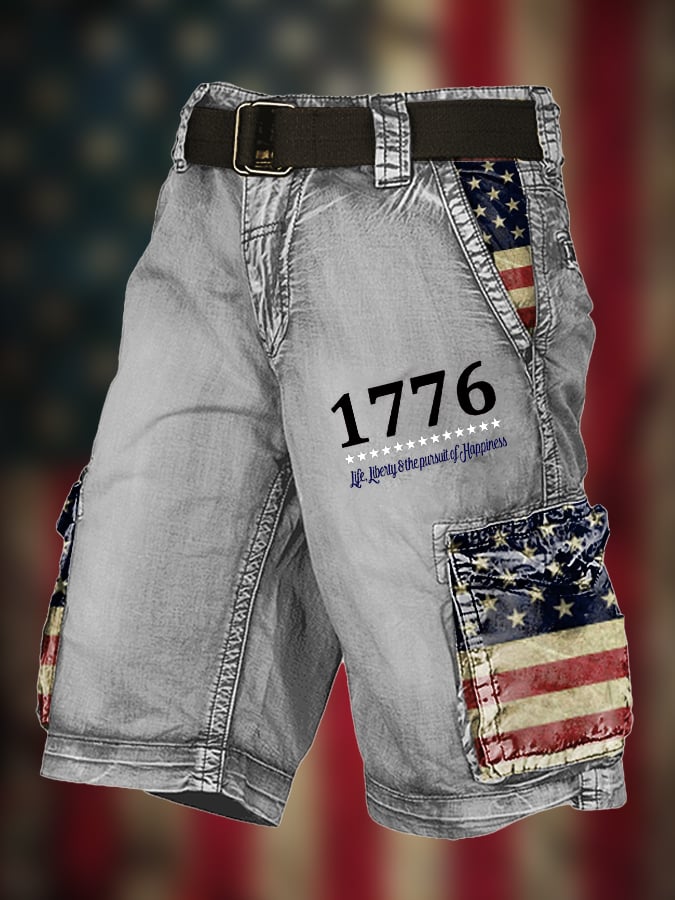 Men's Vintage Flag Independence Day Multi-Pocket Print Cargo Shorts (Belt Not Included)