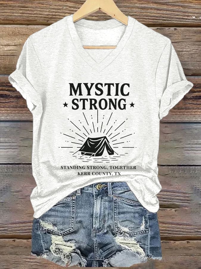 ππJoin us in praying for Texas.πV-Neck Retro Texas Strong Mystic Strong Standing Strong, Together Kerr County, TX Print T-Shirt