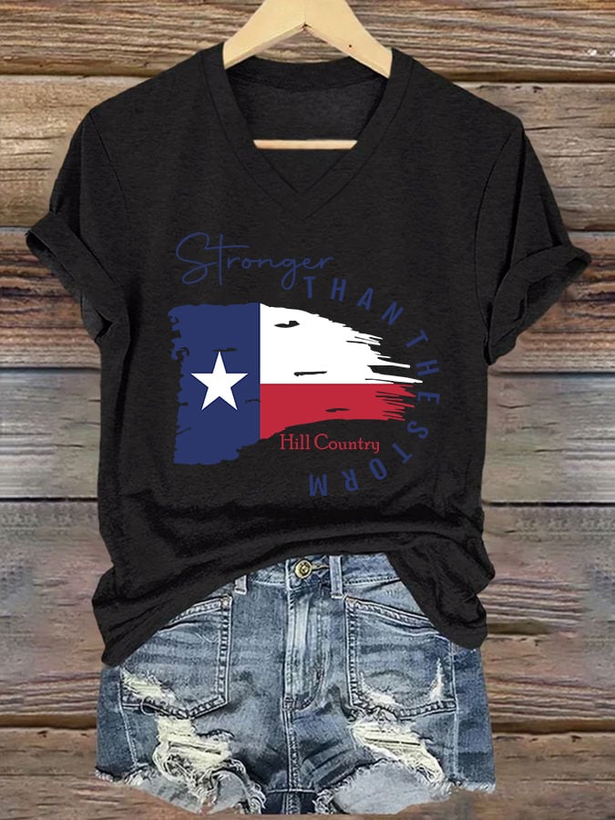 ππJoin us in praying for Texas.πV-Neck Retro Texas Strong Hill Country Stronger Than The Storm Print T-Shirt
