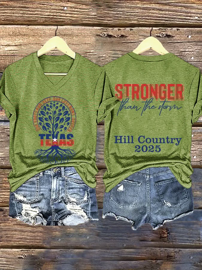ππJoin us in praying for Texas.πV-Neck Retro Our Roots Run Deep Our Love Runs Deeper Texas Stronger Than The Storm Kerrville 2025 Print T-Shirt