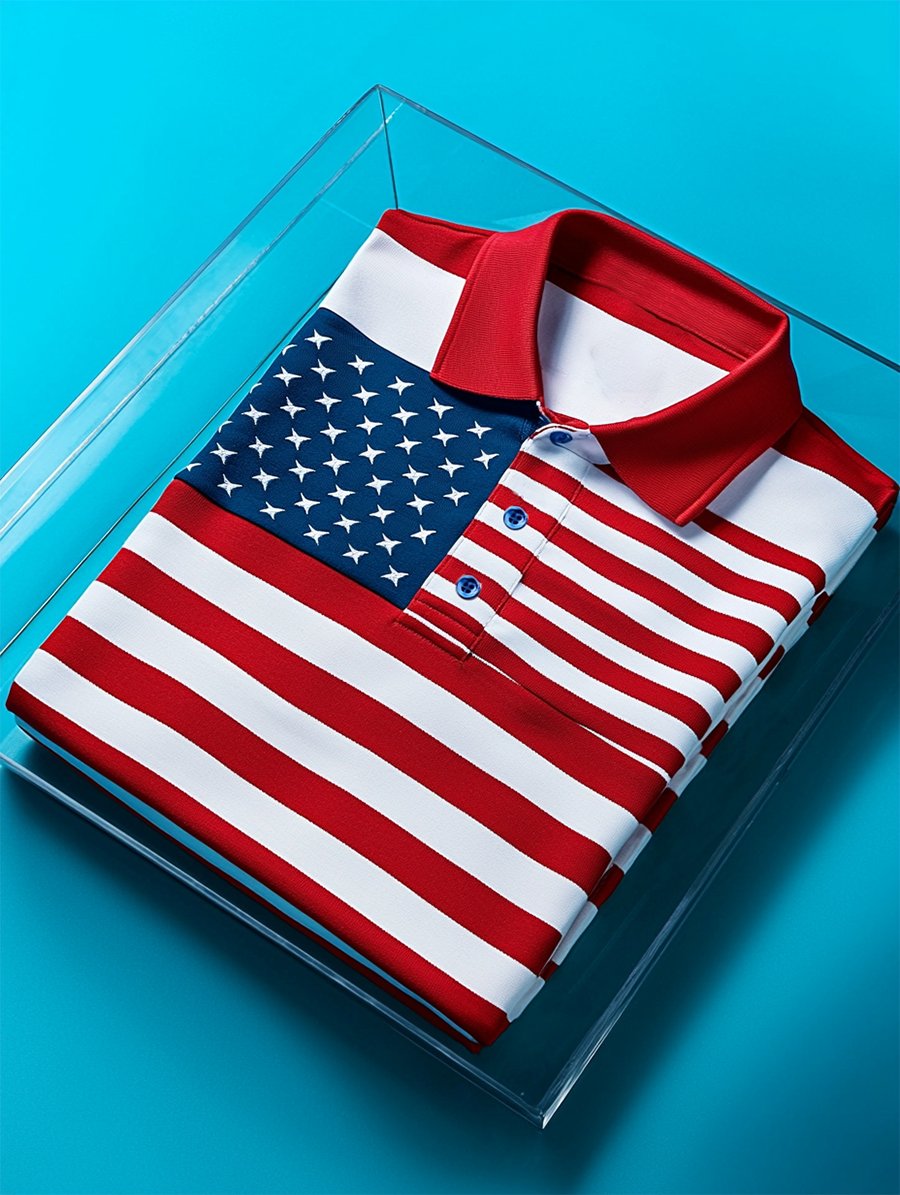 Men's Business Casual Independence Day Striped Button Short Sleeve Polo Shirt