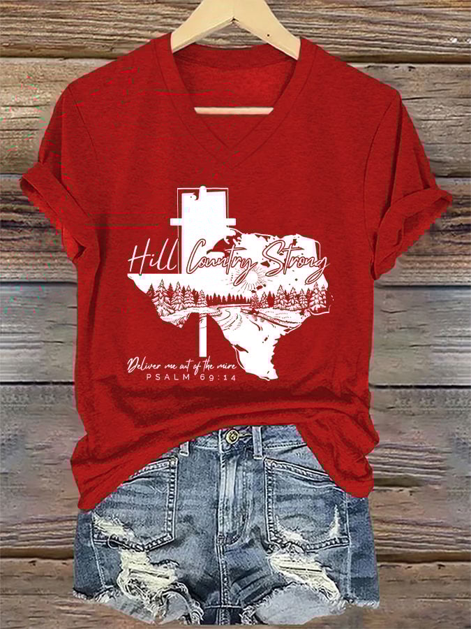 ππJoin us in praying for Texas.πV-Neck Retro Texas Strong Hill Country Strong Deliver Me Out Of The Mire Psalm 69:14 Print T-Shirt