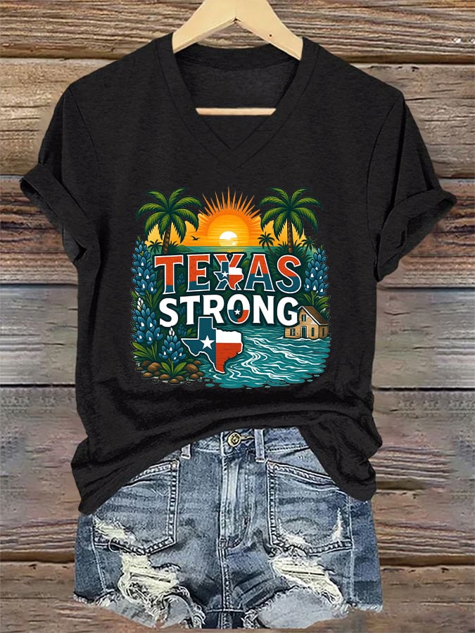 ππJoin us in praying for Texas.πV-Neck Retro Texas Strong Palm Trees Print T-Shirt
