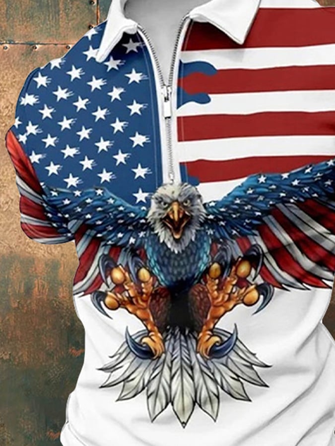 Men's Vintage American Flag Print Casual Polo Shirt