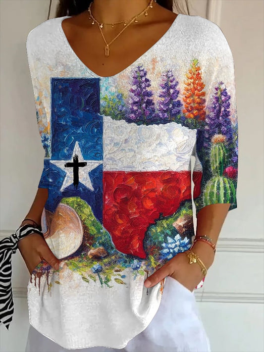 🙏💔Join us in praying for Texas.🙏Women's casual retro God Bless Texas print striped T-shirt