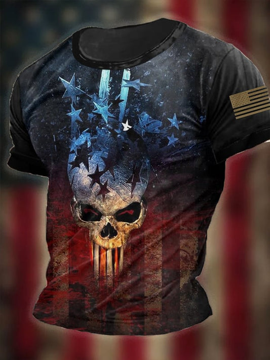 Men's Vintage Independence Day Skull Print Short Sleeve T-Shirt