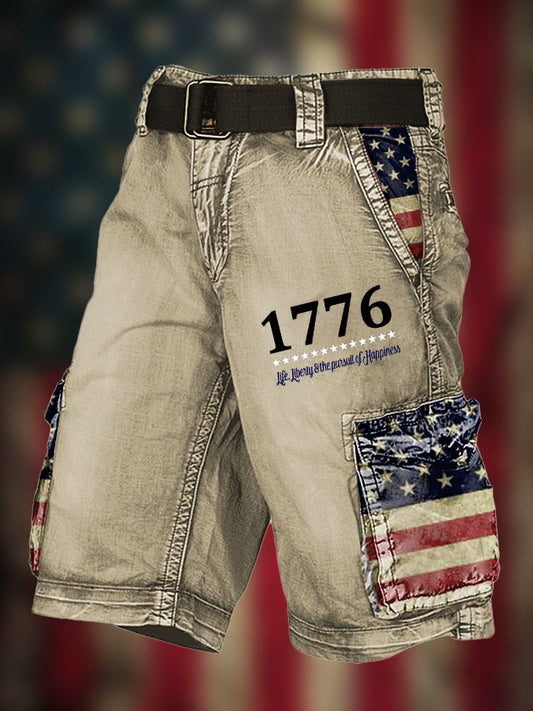 Men's Vintage Flag Independence Day Multi-Pocket Print Cargo Shorts (Belt Not Included)