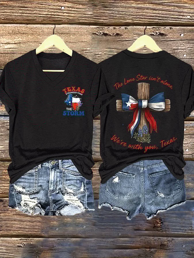 🙏💔Join us in praying for Texas.🙏V-Neck Retro Texas Stronger Than The Storm The Lone Star Isn't Alone. We'Re With You, Texas Print T-Shirt