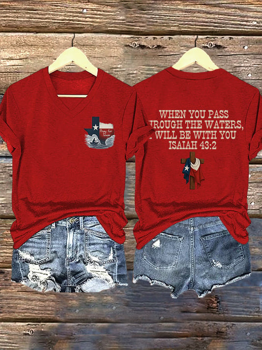 🙏💔Join us in praying for Texas.🙏V-Neck Retro Prayers For Texas Texas Strong When You Pass Through The Waters, I Will Be With You. Isaiah 43:2 Faith Cross Print T-Shirt