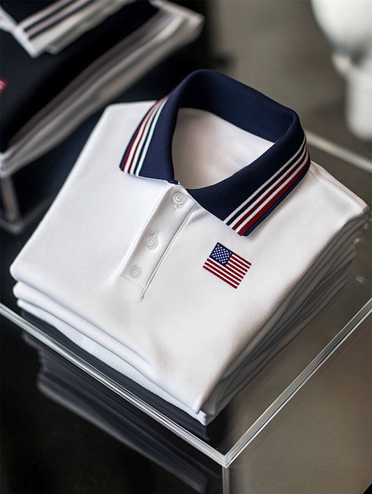 Men's Business Casual Embroidery Independence Day Striped Button Short Sleeve Polo Shirt