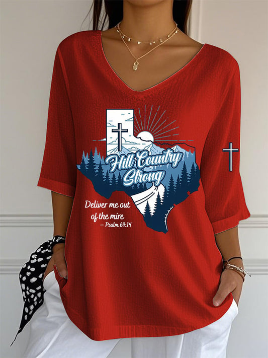 🙏💔Join us in praying for Texas.🙏V-Neck Hill Country Strong Deliver Me Out Of The Mire Print T-Shirt