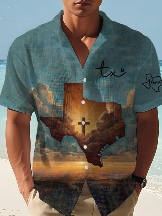 🙏💔Join us in praying for Texas.🙏Men's God Bless Texas Print  Waffle Casual Shirt