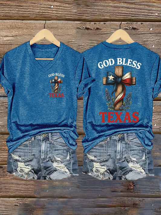 🙏💔Join us in praying for Texas.🙏Women's Retro God Bless Texas Cross Print T-Shirt