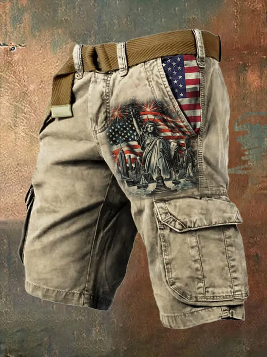 Men's Retro Independence Day Print Vintage Cargo Shorts