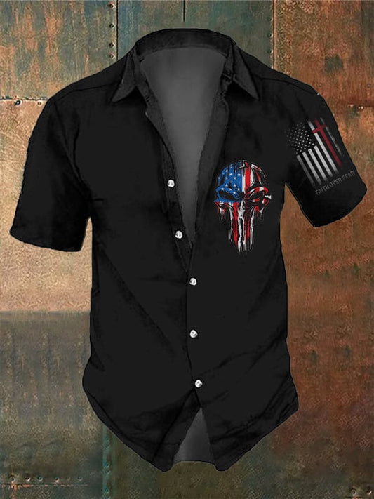 Men's Vintage Skull and Independence Day Print Short Sleeve Shirt