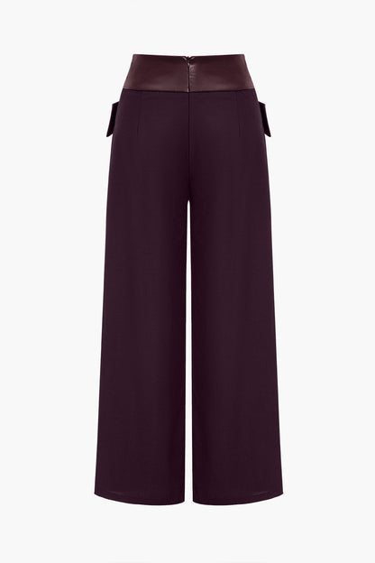 Solid Faux Leather Patchwork High Waist Crossed Pocket Trousers