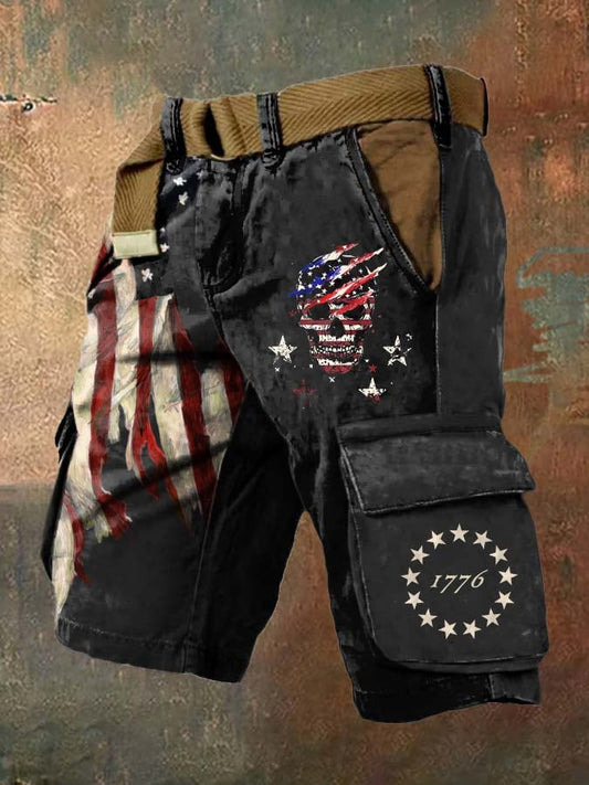 Men's Vintage Flag Skull Print Cargo Shorts