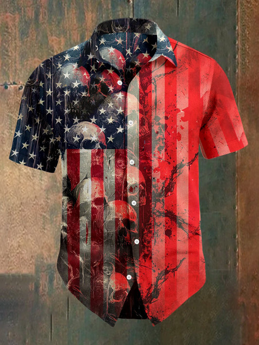 Men's Vintage Independence Day Flag Skull Art Print Short Sleeve Shirt