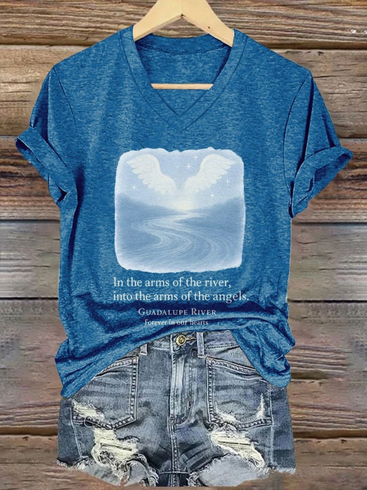 🙏💔Join us in praying for Texas.🙏V-Neck Retro Texas Strong In The Arms Of The River, Into The Arms Of The Angels. Guadalupe River Forever In Our Hearts Print T-Shirt