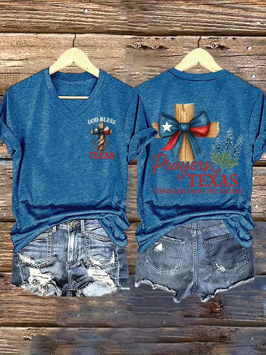 🙏💔Join us in praying for Texas.🙏V-Neck Retro Texas Strong Prayers For Texas Stronger Than The Waters God Bless Texas Print T-Shirt
