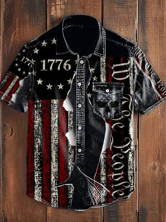 Men's American Flag Print Casual Pocket Shirt