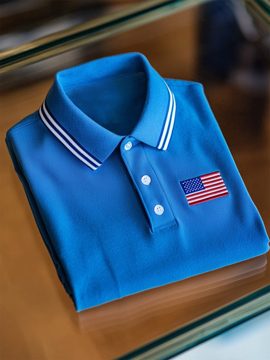 Men's Business Casual Independence Day Striped Button Short Sleeve Polo Shirt